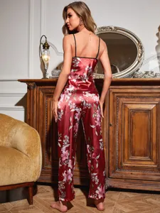 Back view of elegant red floral ice silk pajama set featuring camisole and long pants