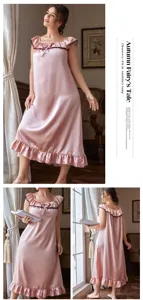 Full length and detailed views of a pink satin plus size nightgown with ruffles