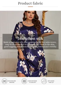 Primer plano de los detalles del tejido del camisón de seda sintética con flores talla grande