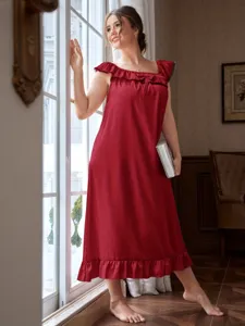 Detailed view of elegant red ruffled plus size nightgown with lace trim and bow accent