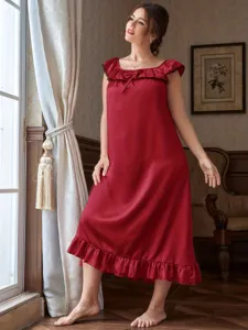 Elegant red satin nightdress featuring a ruffle hem and bow detail for summer lounge comfort