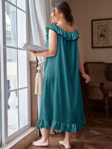 Back view of a teal plus size satin nightgown with ruffled hem and collar detail.