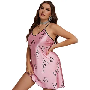 Pink silk satin nightgown with heart and love print, sexy v-neck spaghetti straps