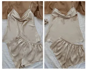 Champagne silk satin two-piece pajama set with camisole and shorts, front and back views