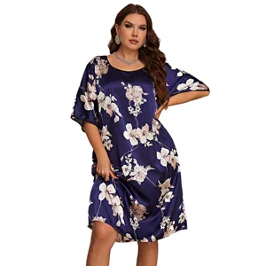 Camisón de satén talla grande con flores, vestido de casa azul marino de manga corta