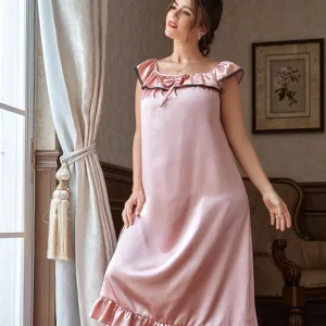 Elegant pink satin plus size nightgown for women featuring ruffled neck and lace trim details
