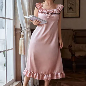 Elegant pink satin nightgown with lace trim and bow detail for women's loungewear