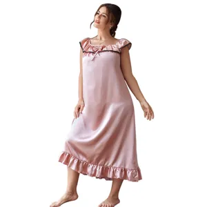 Elegant pink satin plus size nightgown with delicate ruffle trim and a cute bow.