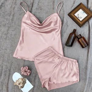 Women Satin Pajama Set V Neck Cami Top And Bottom Sexy Sleeveless Loungewear Ice Silk Sleepwear For Home