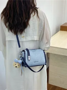 Fashion Denim Blue Splicing Bucket Bag For Women Rhinestone Sequins Shoulder Crossbody Bag Casual Commuter Handbag