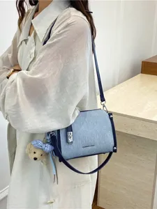Fashionable denim blue crossbody bag for women with sparkling sequins and cute bear charm