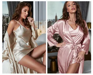 Elegant satin silk sleepwear set for women in champagne gold and dusty pink colors.