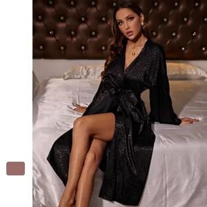 Women's Sexy Leopard Print Satin Robe Long Sleeve Tie Waist Cardigan Sleepwear Silky Faux Silk Bathrobe Morning Gown