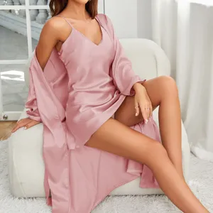 Elegant dusty rose silk satin nightgown and long-sleeved robe set for bridal loungewear.