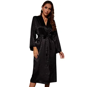 Elegant black leopard print silk-like long sleeve robe with waist tie for women