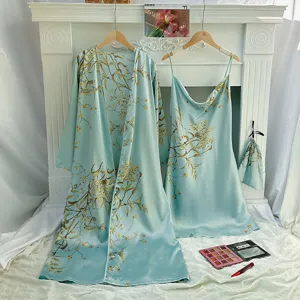 Elegant light blue floral cherry print faux silk satin robe and nightdress set for women
