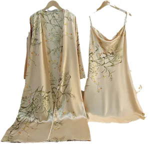 Elegant cherry print faux silk sleepwear set including long robe and slip nightdress