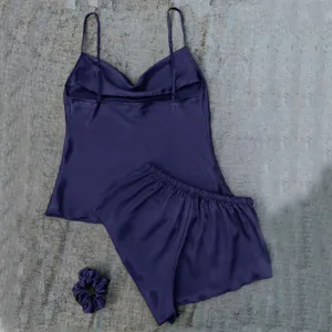 Elegant women's 2-piece solid color ice silk pajama set with camisole and shorts