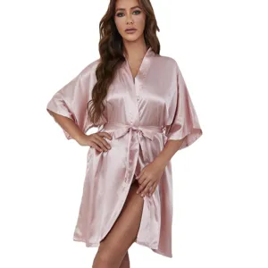 Elegant pink satin robe for women with luxurious silk finish and adjustable waist tie belt
