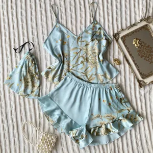 Elegant light blue floral faux silk camisole and shorts pajama set for loungewear.