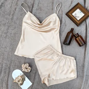 Elegant champagne silk-like camisole and shorts loungewear set for women's home wear