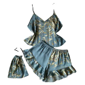 Elegant 3-piece floral satin pajama set including camisole top and ruffled shorts