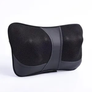 Black mesh car and home neck massage pillow with ergonomic design for back pain relief.