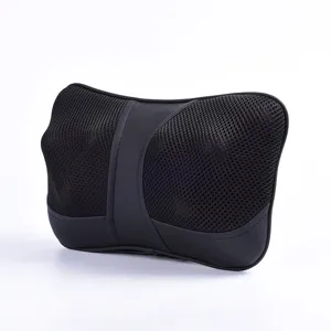 Black electric massage pillow for neck and back pain relief, comfortable mesh cushion.