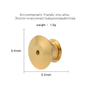 Detail view of a gold-colored zinc alloy pin back showing 0.4 and 0.2 inch dimensions