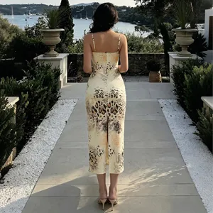 Sexy leopard print sleeveless spaghetti strap midi dress for women summer street style fashion