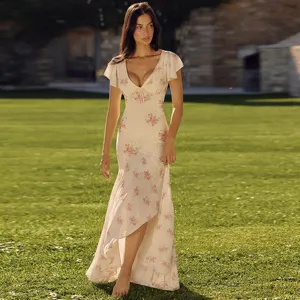 French V-neck floral print slim midi dress for women, elegant spring short sleeve long dress.
