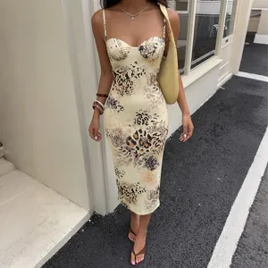 Chic summer women's sexy sleeveless spaghetti strap low cut irregular print bodycon midi dress