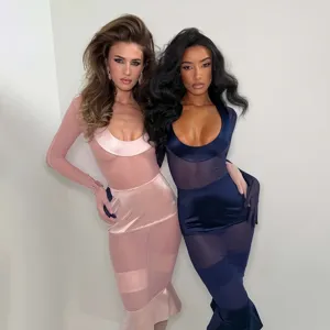 Primo piano dettagliato di abiti bodycon trasparenti a maniche lunghe rosa e blu.