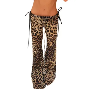 Women sexy low waist leopard print flare trousers slim fit summer casual wide leg pants