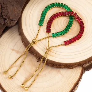 Baguette Rhinestone Adjustable Bracelet For Women Stainless Steel Gold Plated Light Luxury Retro Fashion Jewelry Gift