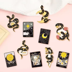 Tarot Card Enamel Pins Alloy Lacquered Snake Moon Sun Death Brooches Halloween Mystical Jewelry Badge For Women Men