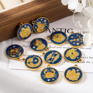 Stainless Steel Zodiac Sign Round Pendant Enamel Rhinestone Charms For DIY Necklace Bracelet Making Findings Gold Plated Astronomy Jewelry Components