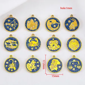 18K gold plated 304 stainless steel 12 zodiac enamel pendants with rhinestones