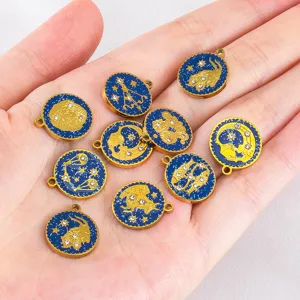 Gold-plated 304 stainless steel 12 zodiac round pendants with blue enamel and crystals