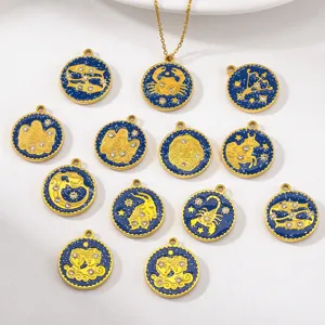 18K gold plated stainless steel 12 zodiac constellation pendants with enamel and crystals.