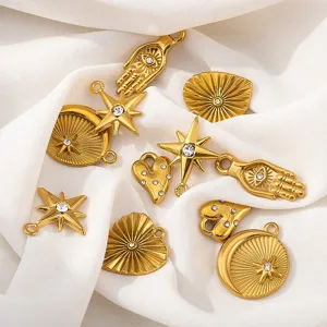 Dijes vintage de acero inoxidable bañados en oro de 18K con corazón, hamsa y estrella para joyas