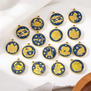 18K gold plated 12 zodiac pendants with blue enamel and rhinestones in stainless steel