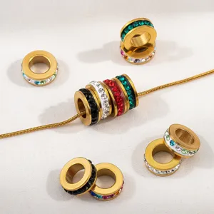 304 Stainless Steel 18K Gold Plated Large Hole Rhinestone Spacer Beads Colorful Circle DIY Necklace Bracelet Earring Findings Accessory