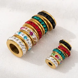 18K gold plated stainless steel large hole rhinestone spacer beads for DIY jewelry