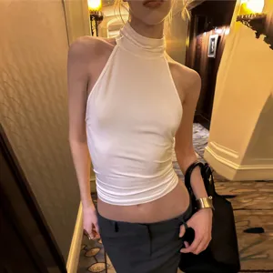 Women's white high neck sleeveless slim fit tank top, elegant summer fashion casual wear basic tee.