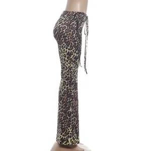 Leopard print slim flare pants for women, sexy low waist side lace-up design trousers detail.