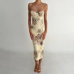 Sexy leopard print slip dress for women summer sleeveless bodycon midi dress party clubwear