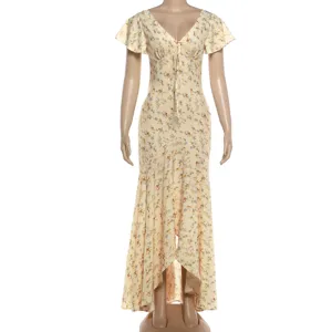Floral print V-neck maxi dress detail, featuring short flare sleeves and high-low hem.