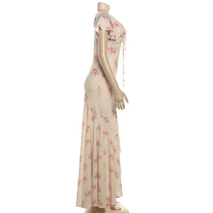 Side view of floral print V-neck slim maxi dress, showing elegant side silhouette details.