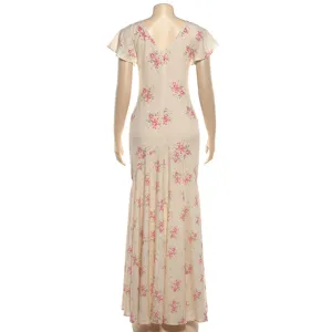 Back detail view of the floral print long dress, showing V-neck design and elegant silhouette.